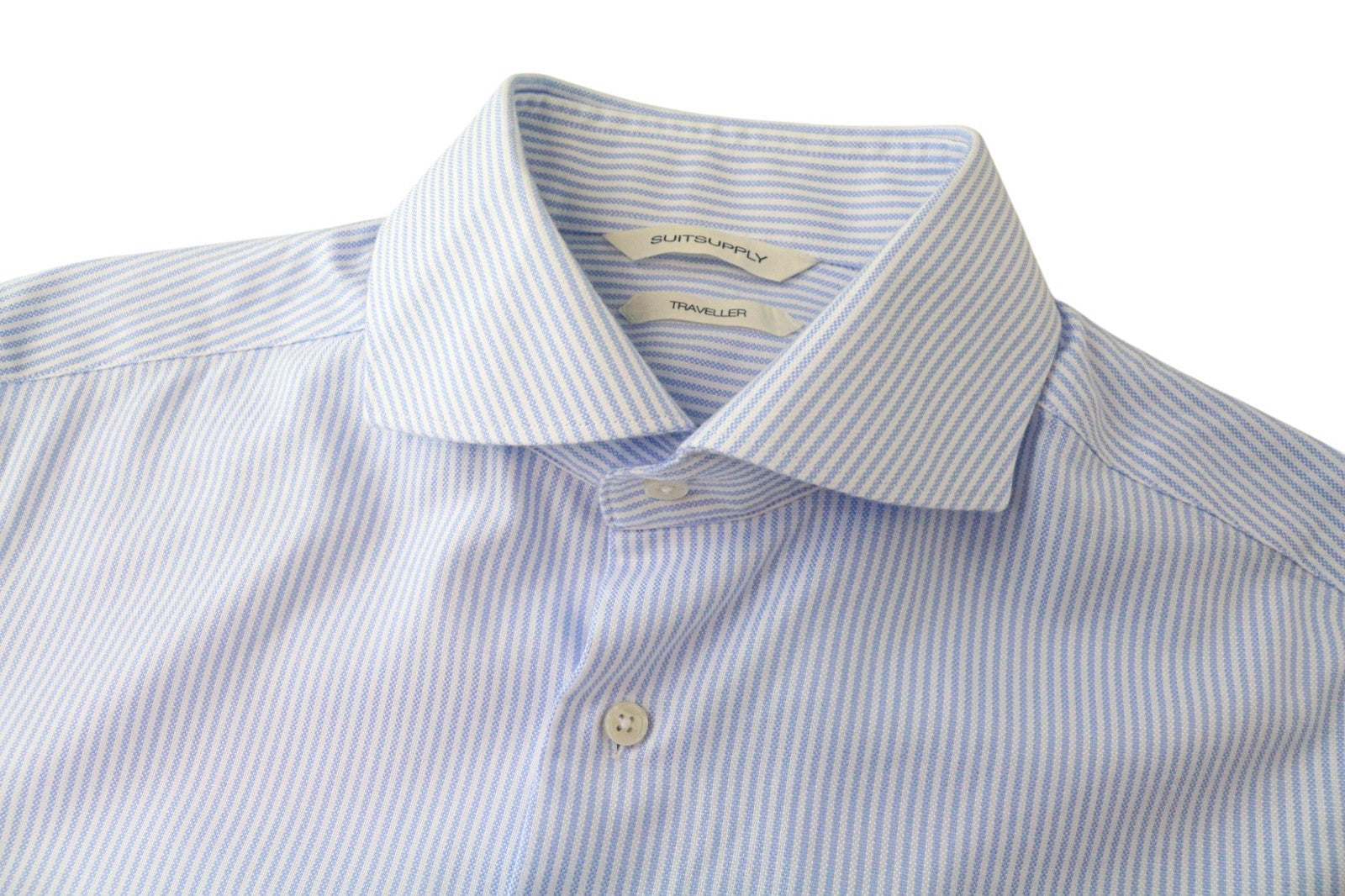 „SUITSUPPLY Traveller“ vyriški formalūs marškinėliai, 38/15, mėlyni, ploni, dryžuoti, grynos medvilnės. 
