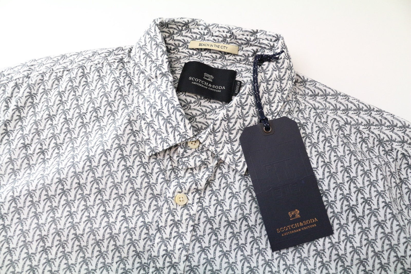 SCOTCH &amp; SODA Ams Couture vyriški marškinėliai, pilki, medvilniniai, palmių rašto, ilgomis rankovėmis, L dydžio