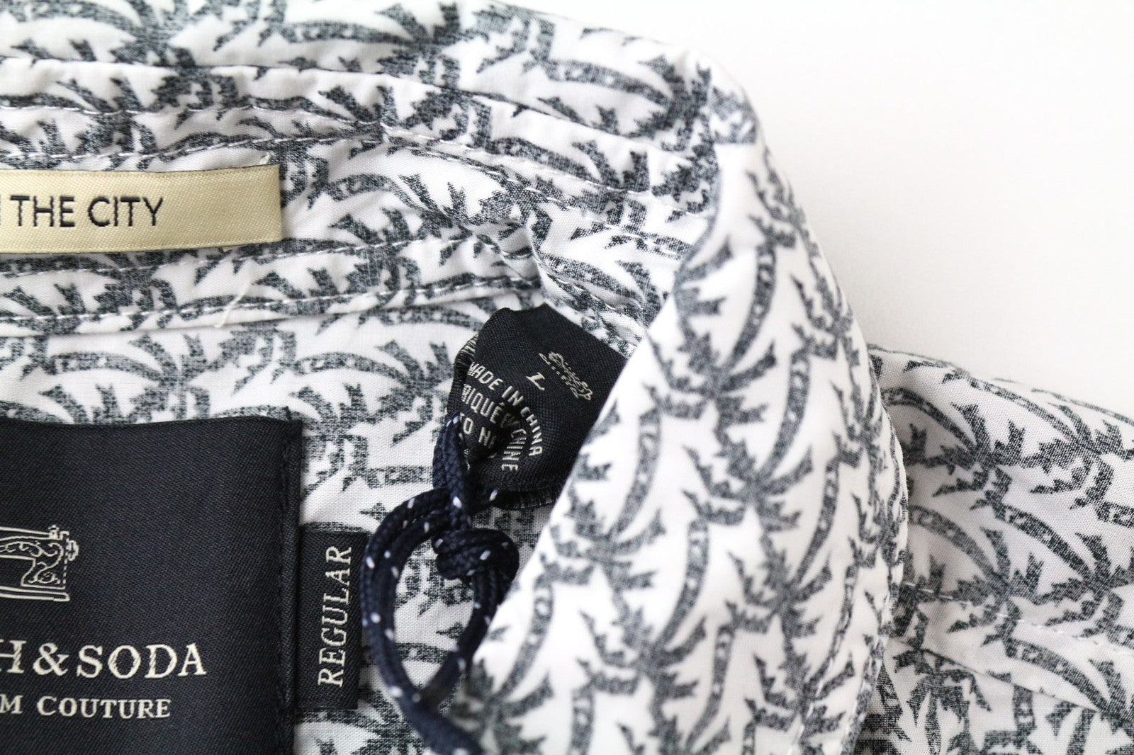 SCOTCH &amp; SODA Ams Couture vyriški marškinėliai, pilki, medvilniniai, palmių rašto, ilgomis rankovėmis, L dydžio