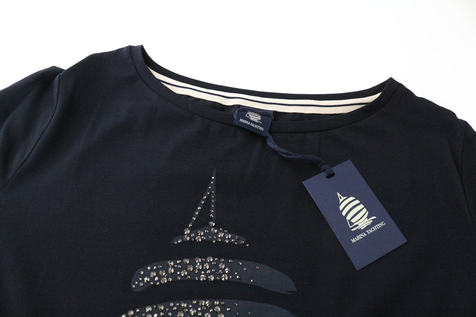 MARINA YACHTING moteriški marškinėliai L dydžio, tamsiai mėlyni, tamprūs medvilniniai marškinėliai su cirkoniais ir logotipu laisvalaikio palaidinė 