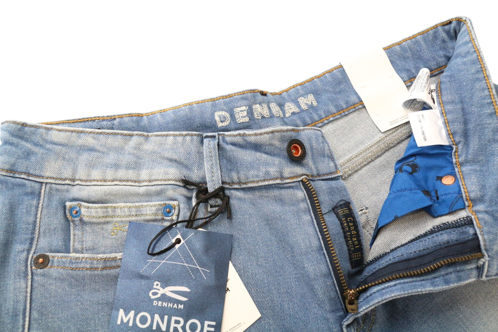 DENHAM Monroe Helix moteriški džinsai W28/L28 mėlyni medvilniniai tamprūs „Girlfriend“ siaurėjantys džinsai 