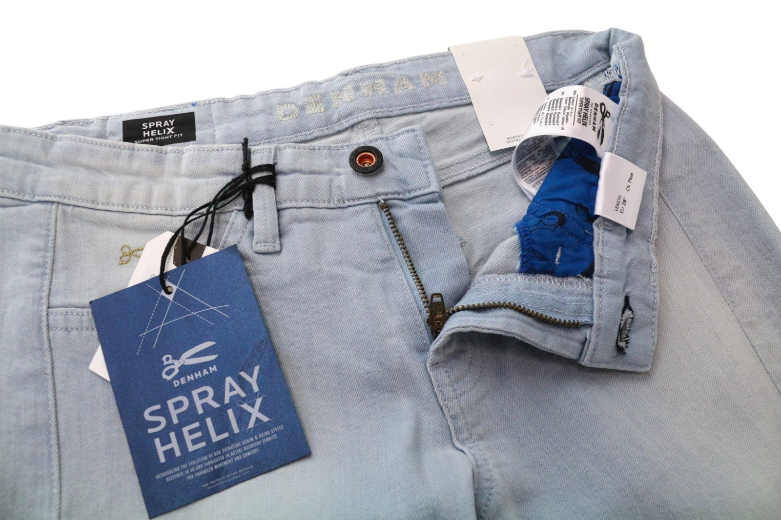 DENHAM „Spray Helix“ moteriški džinsai W26/L28 mėlynai skalbtos medvilnės tamprios, itin aptemptos 