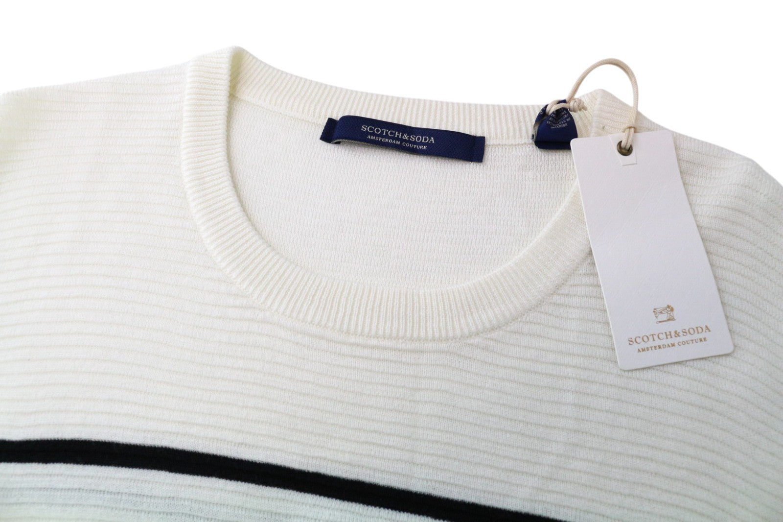 SCOTCH &amp; SODA Ams Couture vyriškas džemperis L dydžio balkšvas dryžuotas medvilninis megztinis 