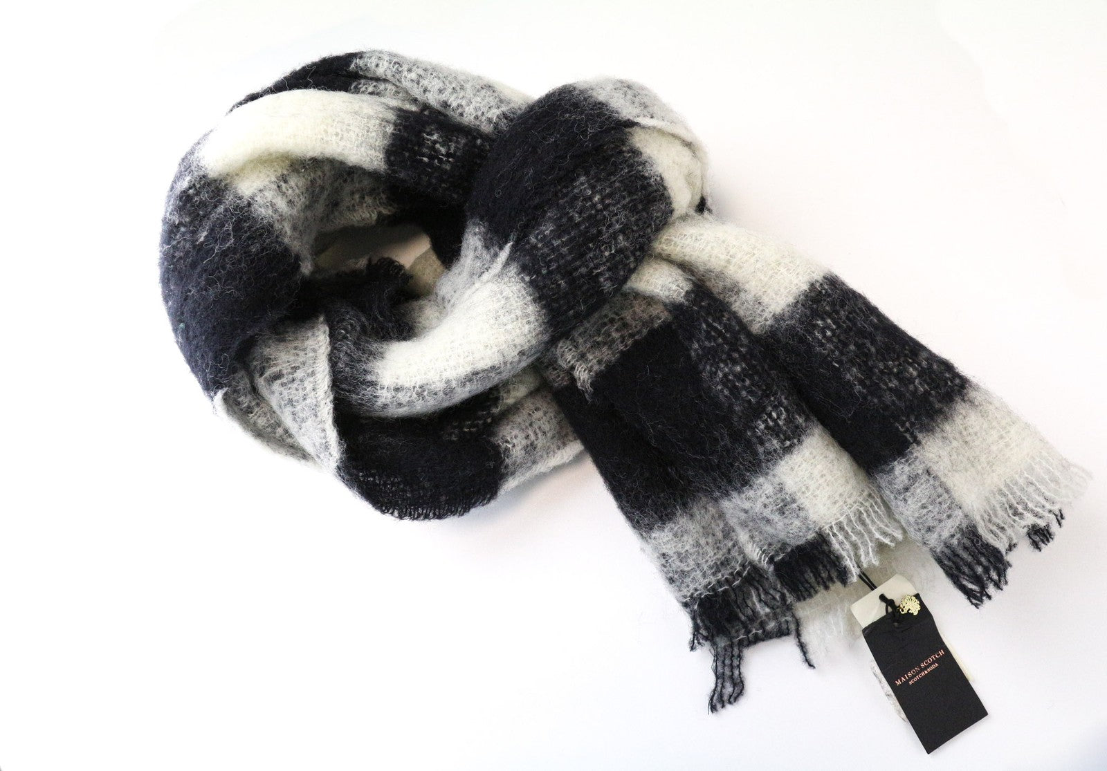 MAISON SCOTCH moteriškas šalikas OS mėlynas languotas vilnos mišinio rudens-žiemos skarelė 