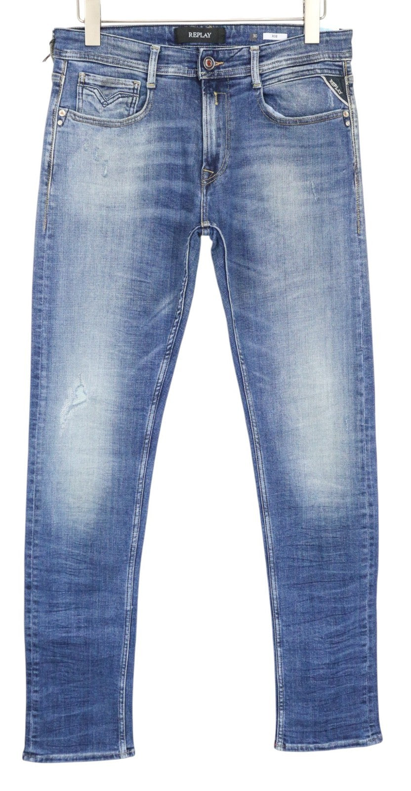 REPLAY Rob vyriški džinsai W30/L34 vidutinio mėlynumo, siaurėjantys, tamprūs, tiesaus kirpimo, su užtrauktuku 