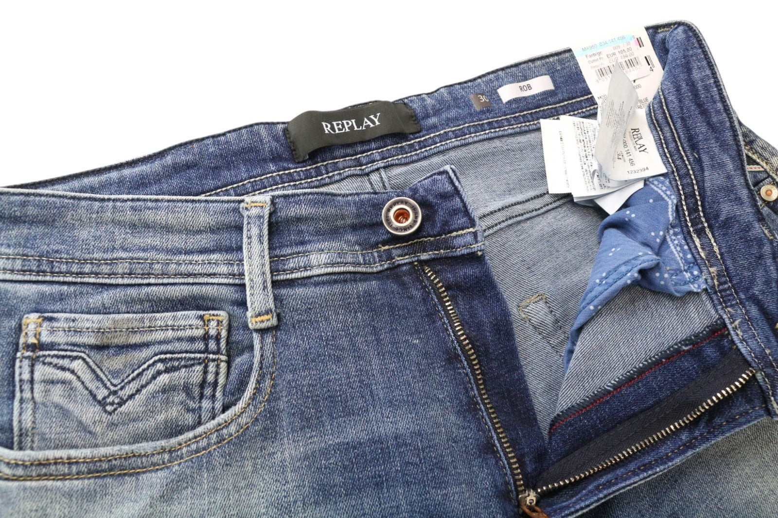 REPLAY Rob vyriški džinsai W30/L34 vidutinio mėlynumo, siaurėjantys, tamprūs, tiesaus kirpimo, su užtrauktuku 