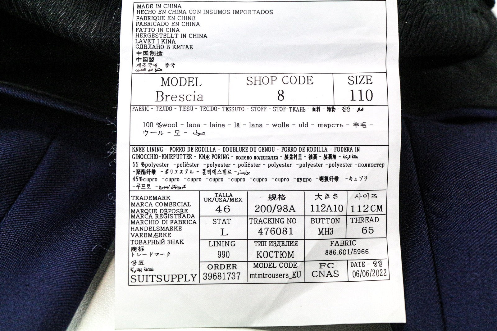 SUITSUPPLY Brescia Men's Trousers UK46L Blue Pure Wool Slim Classic Flat-Front