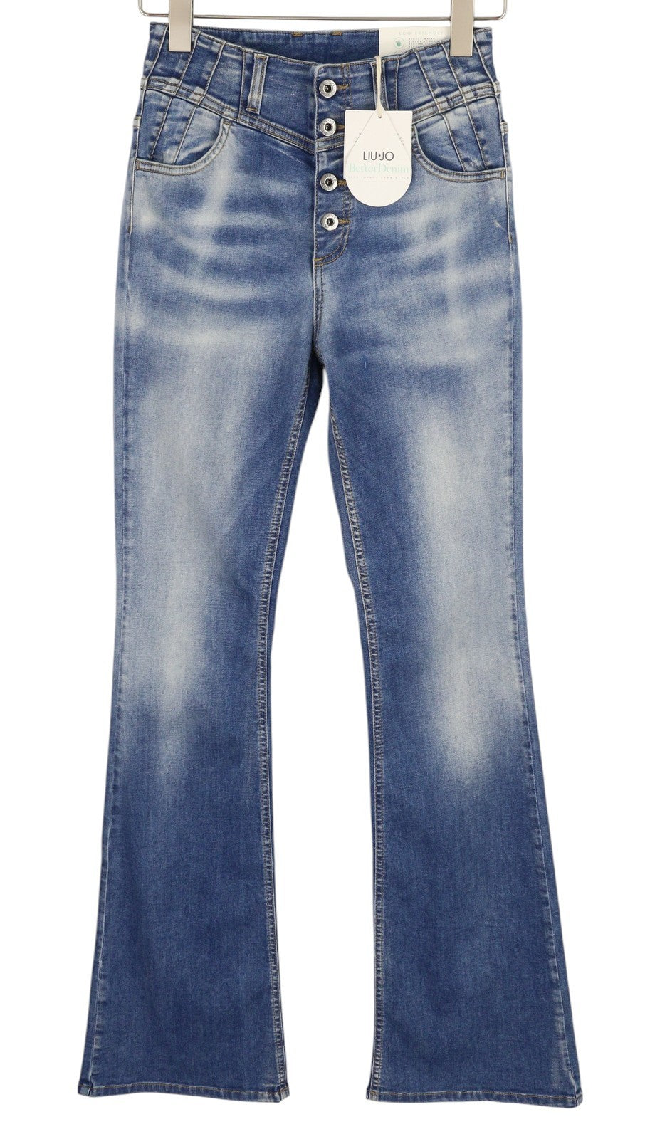 LIU JO moteriški džinsai W28/L28 aukštu juosmeniu, sagomis, laisvo kirpimo, išblukimo efekto, iš apačios į viršų. 