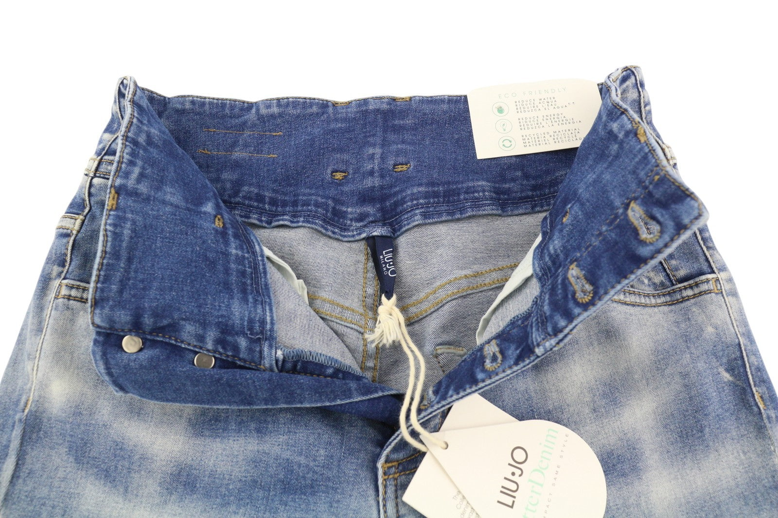 LIU JO moteriški džinsai W28/L28 aukštu juosmeniu, sagomis, laisvo kirpimo, išblukimo efekto, iš apačios į viršų. 