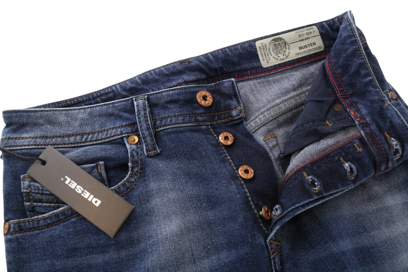 DIESEL Buster 084NS vyriški džinsai W28/L32 mėlyni, ploni, siaurėjantys, tamprūs, įprasti. 