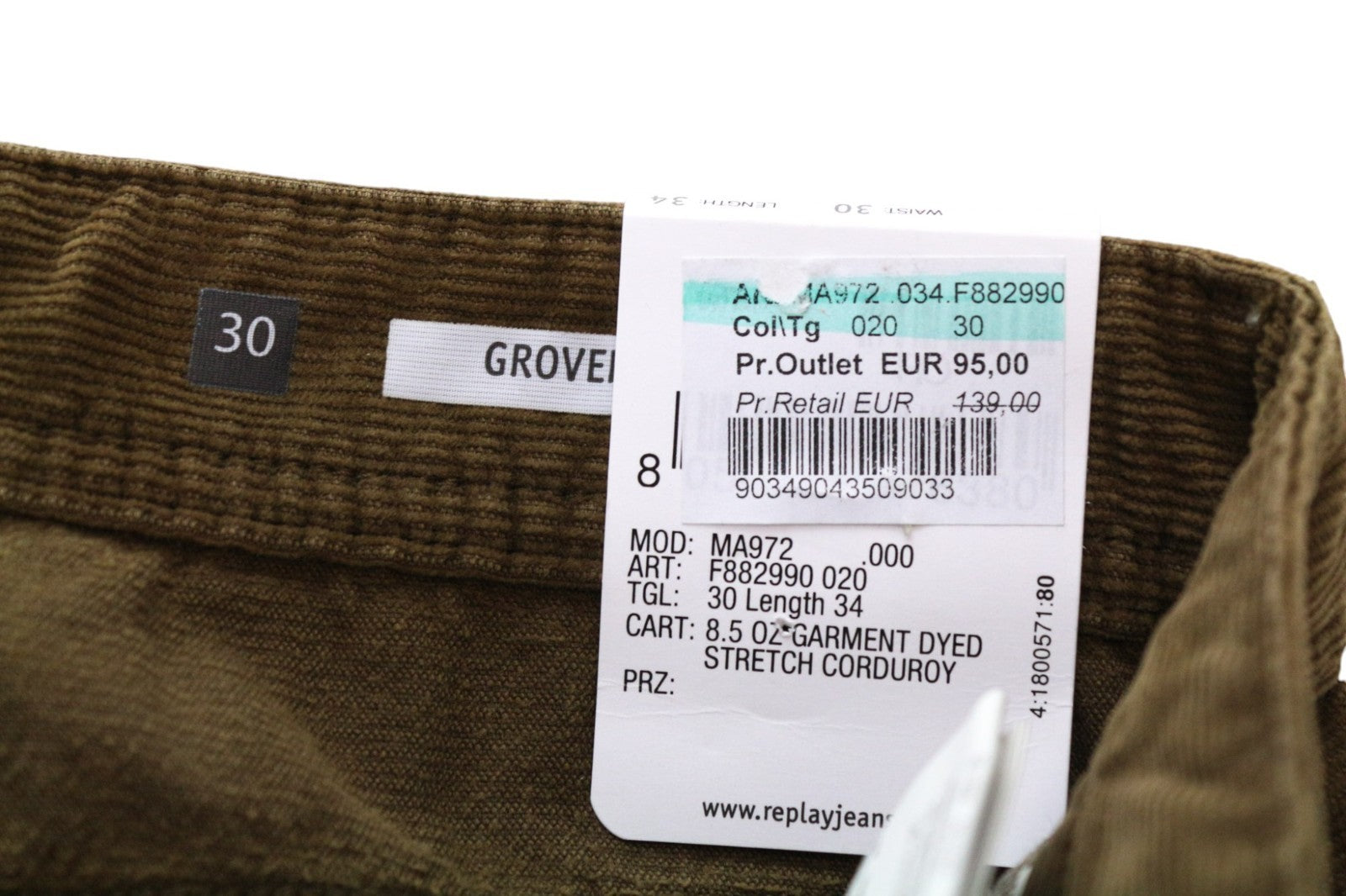 REPLAY Grover Men's Trousers W30/L34 Brown Corduroy Velvet Stretch Straight