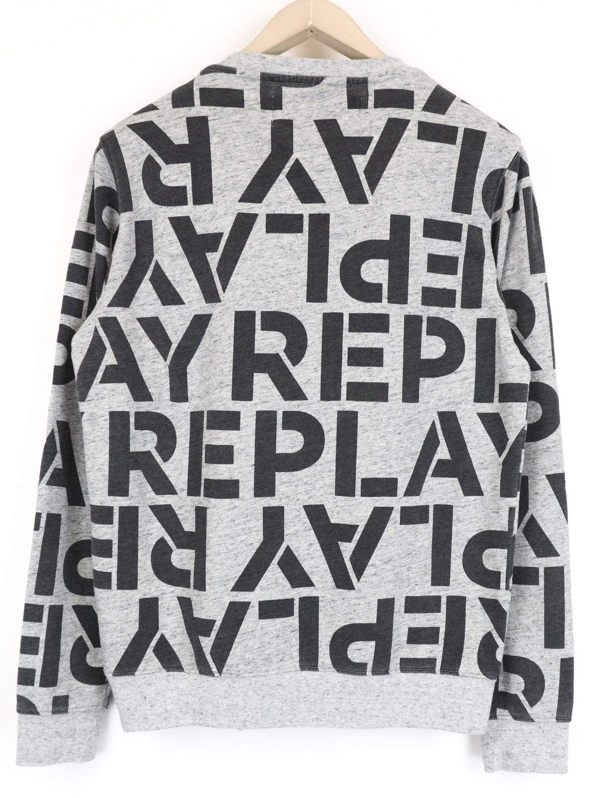 REPLAY vyriškas džemperis M pilkas medvilninis džersis apvali kaklo iškirpte melanžo flisas 