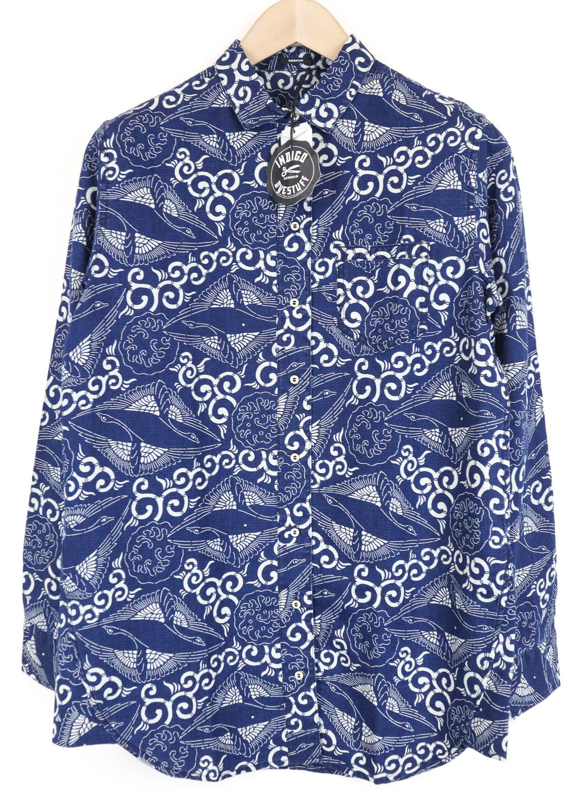 DENHAM Stories moteriški marškinėliai M, indigo mėlyni, dažyta medvilninė lininė medžiaga, jūrinis raštas 