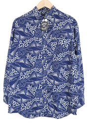 DENHAM Stories moteriški marškinėliai M, indigo mėlyni, dažyta medvilninė lininė medžiaga, jūrinis raštas 