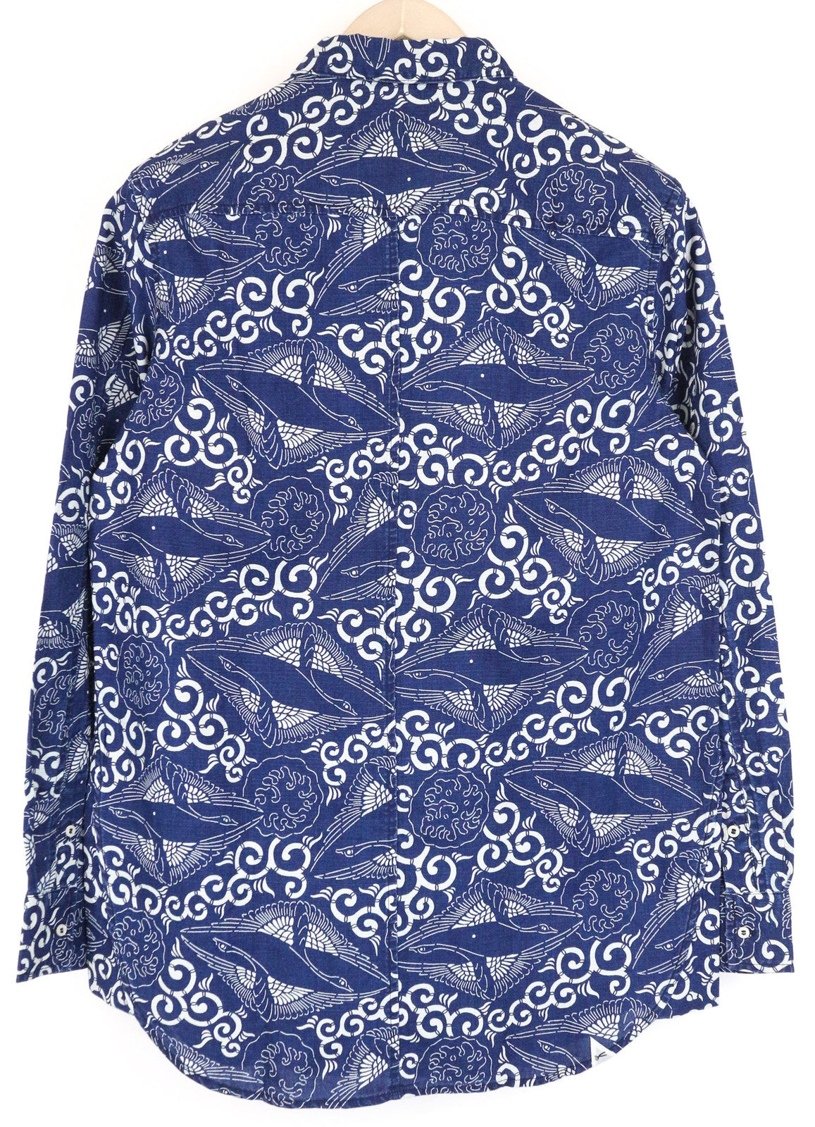 DENHAM Stories moteriški marškinėliai M, indigo mėlyni, dažyta medvilninė lininė medžiaga, jūrinis raštas 