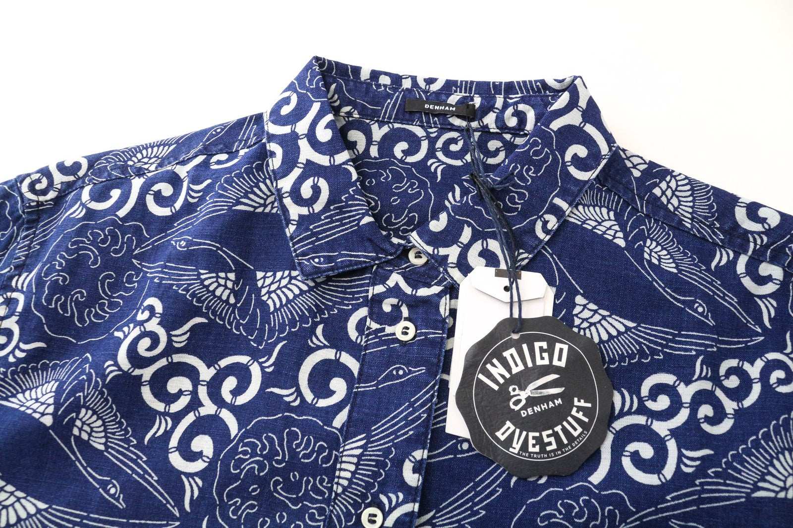 DENHAM Stories moteriški marškinėliai M, indigo mėlyni, dažyta medvilninė lininė medžiaga, jūrinis raštas 