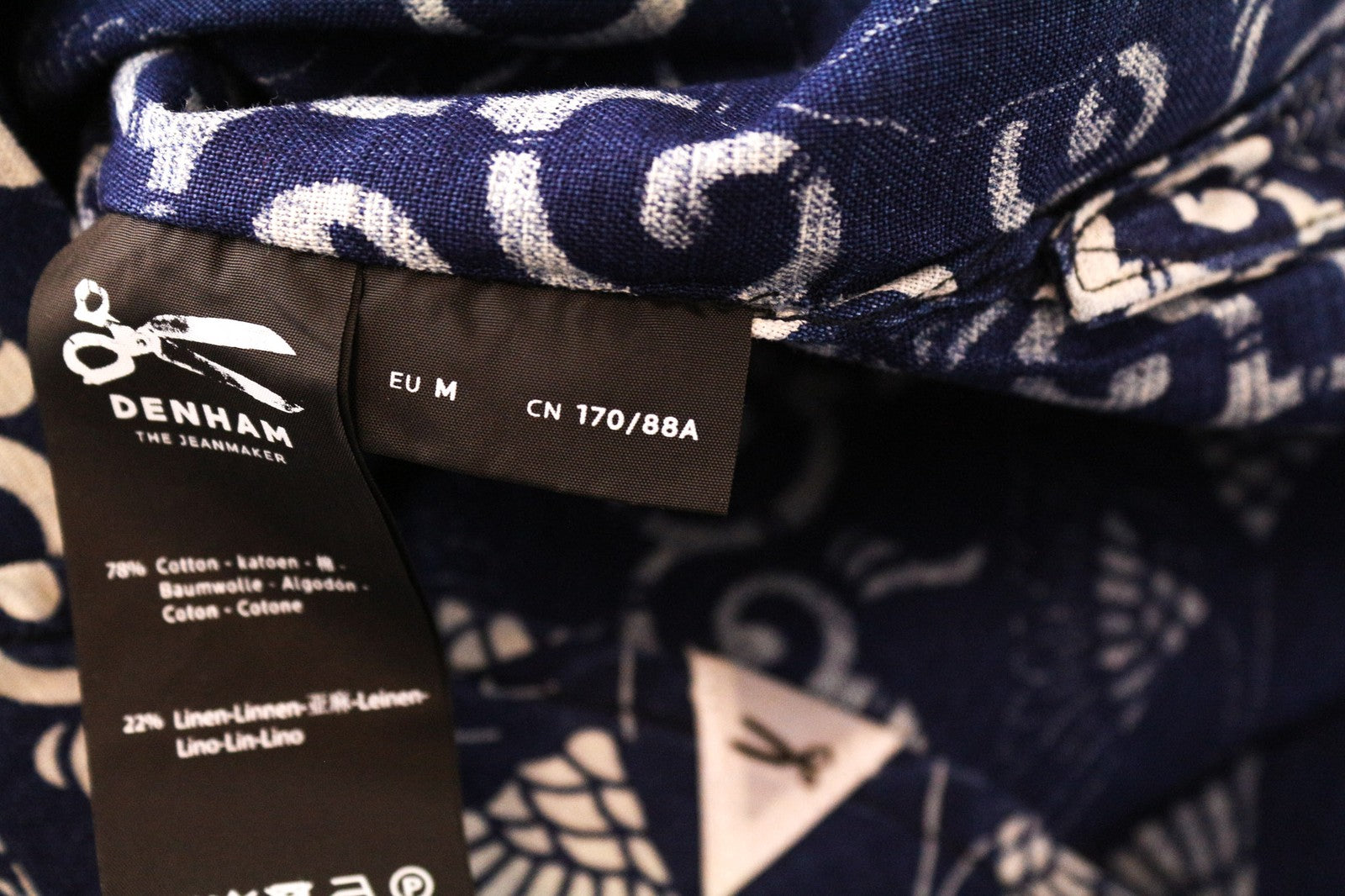 DENHAM Stories moteriški marškinėliai M, indigo mėlyni, dažyta medvilninė lininė medžiaga, jūrinis raštas 