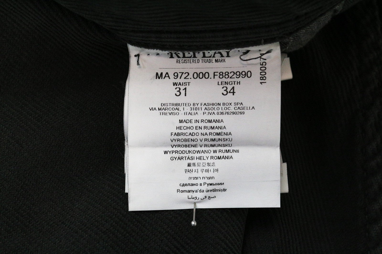 REPLAY Grover Men's Trousers W31/L34 Grey Corduroy Straight Fit Stretch Pants