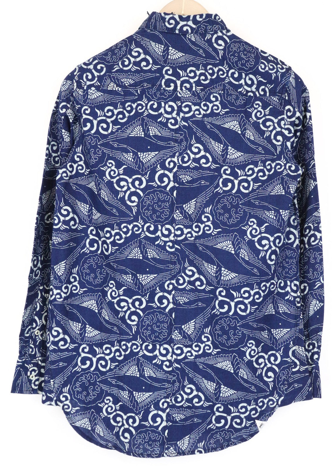 DENHAM Stories moteriški marškinėliai XS dydžio mėlyni medvilniniai lininiai rytietiško rašto marškinėliai su sagomis 