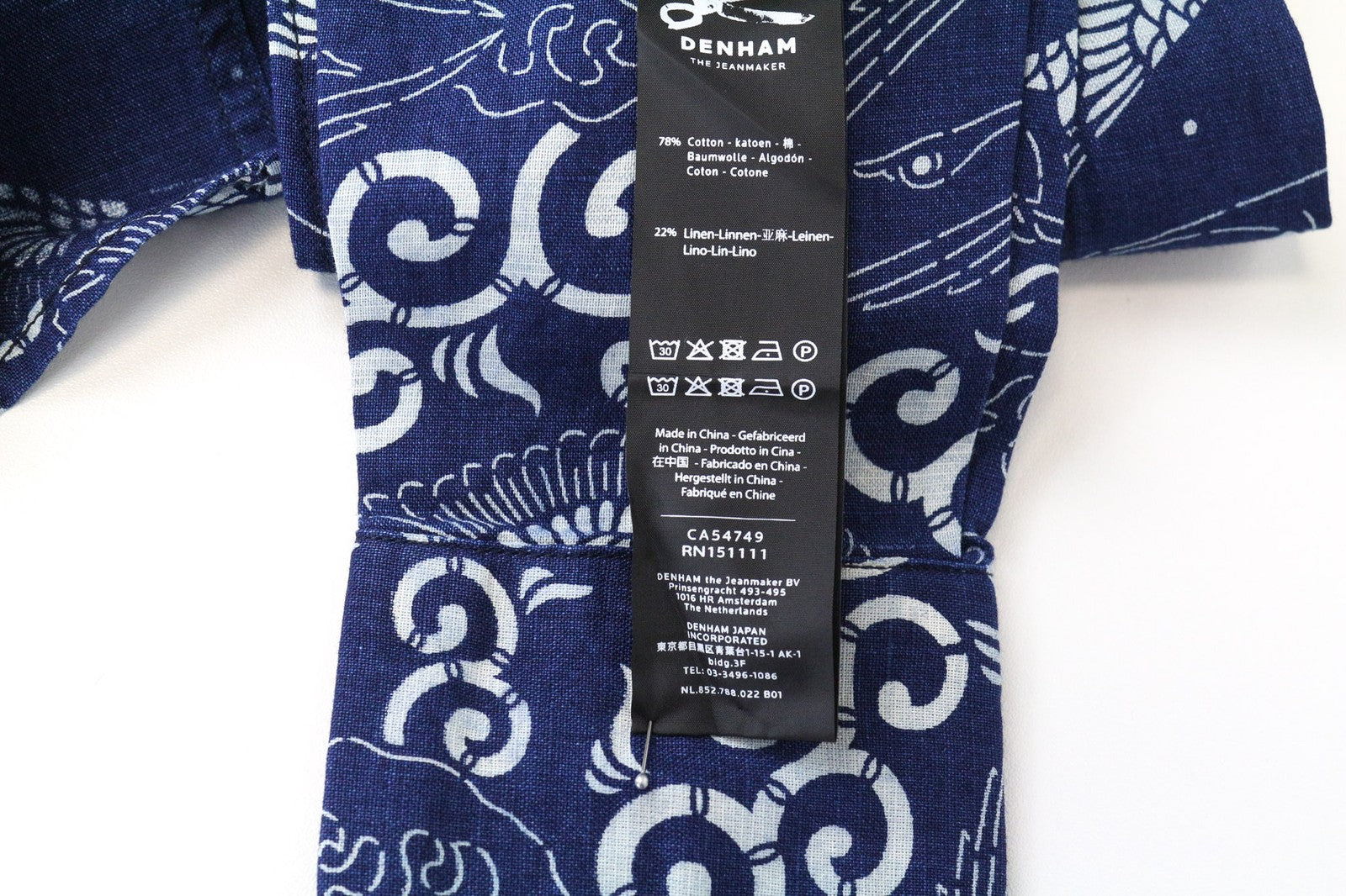 DENHAM Stories moteriški marškinėliai XS dydžio mėlyni medvilniniai lininiai rytietiško rašto marškinėliai su sagomis 