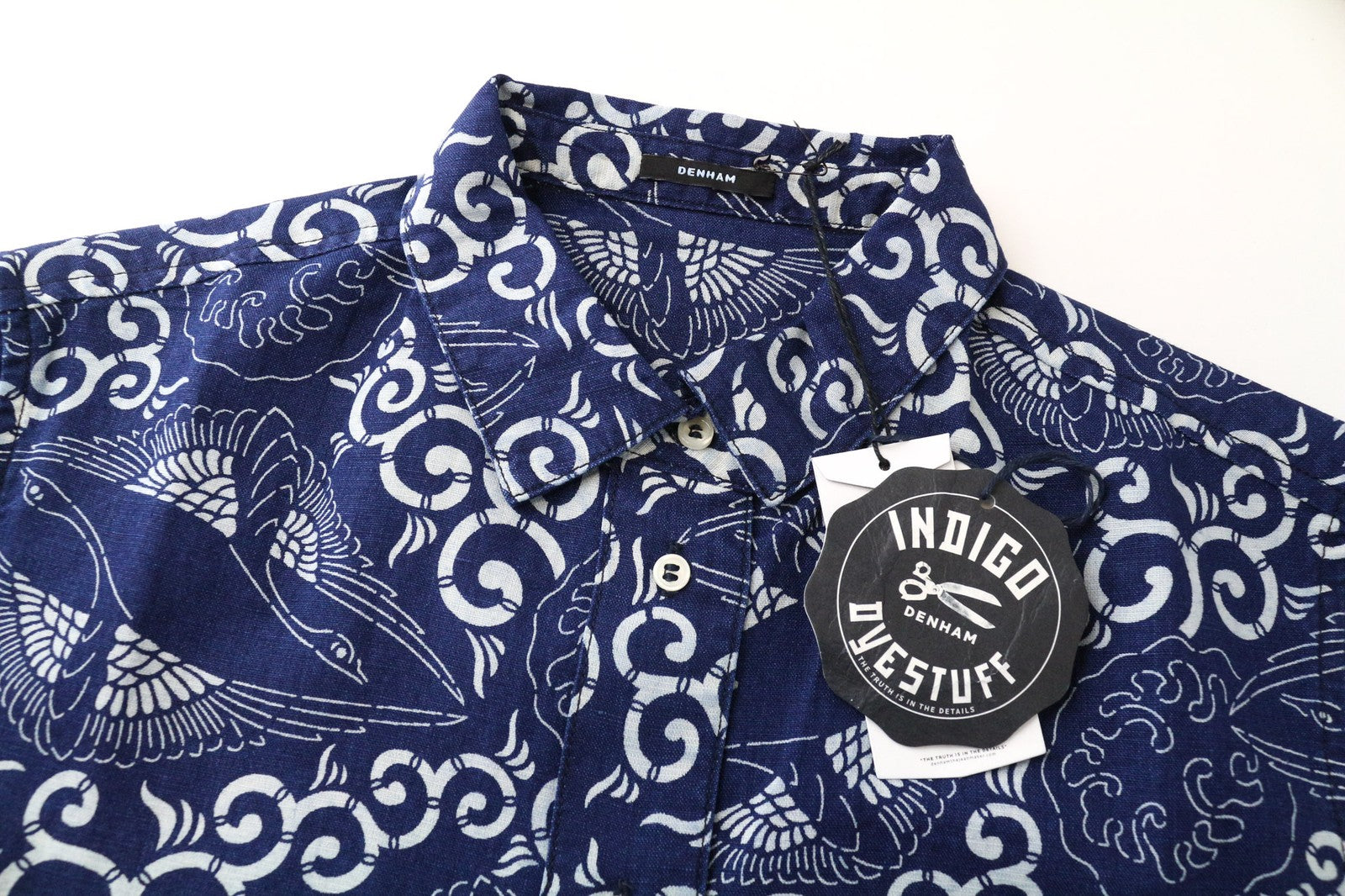 DENHAM Stories moteriški marškinėliai XS dydžio mėlyni medvilniniai lininiai rytietiški sagomis raštuoti 