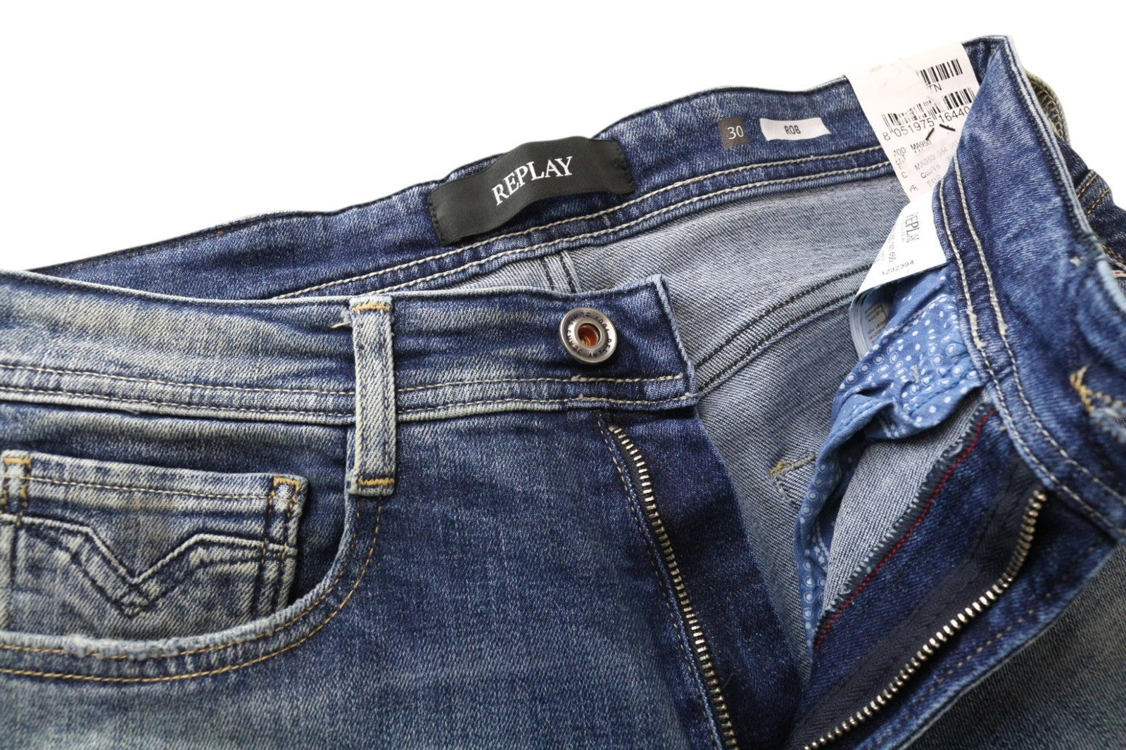 REPLAY Rob vyriški džinsai W30/L34 mėlyni, siaurėjantys, tiesūs, tamprūs, skalbti 
