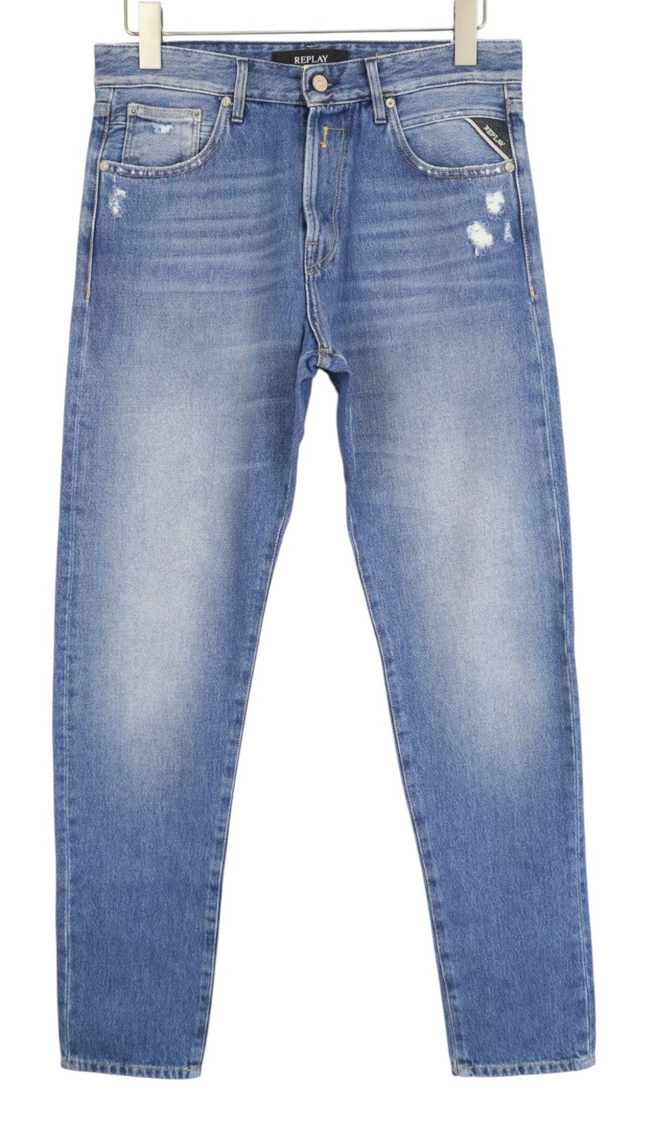 REPLAY Tinmar vyriški džinsai W30/L32 mėlyni, netempiami, susidėvėję, su sagomis siaurėjančiais dydžiais 
