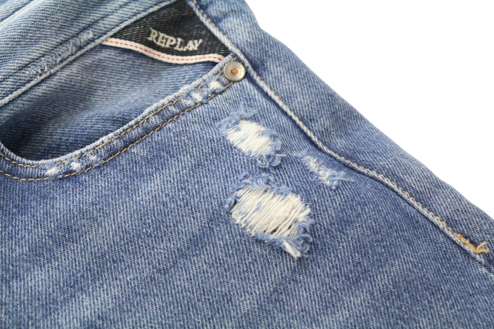 REPLAY Tinmar vyriški džinsai W30/L32 mėlyni, netempiami, susidėvėję, su sagomis siaurėjančiais dydžiais 