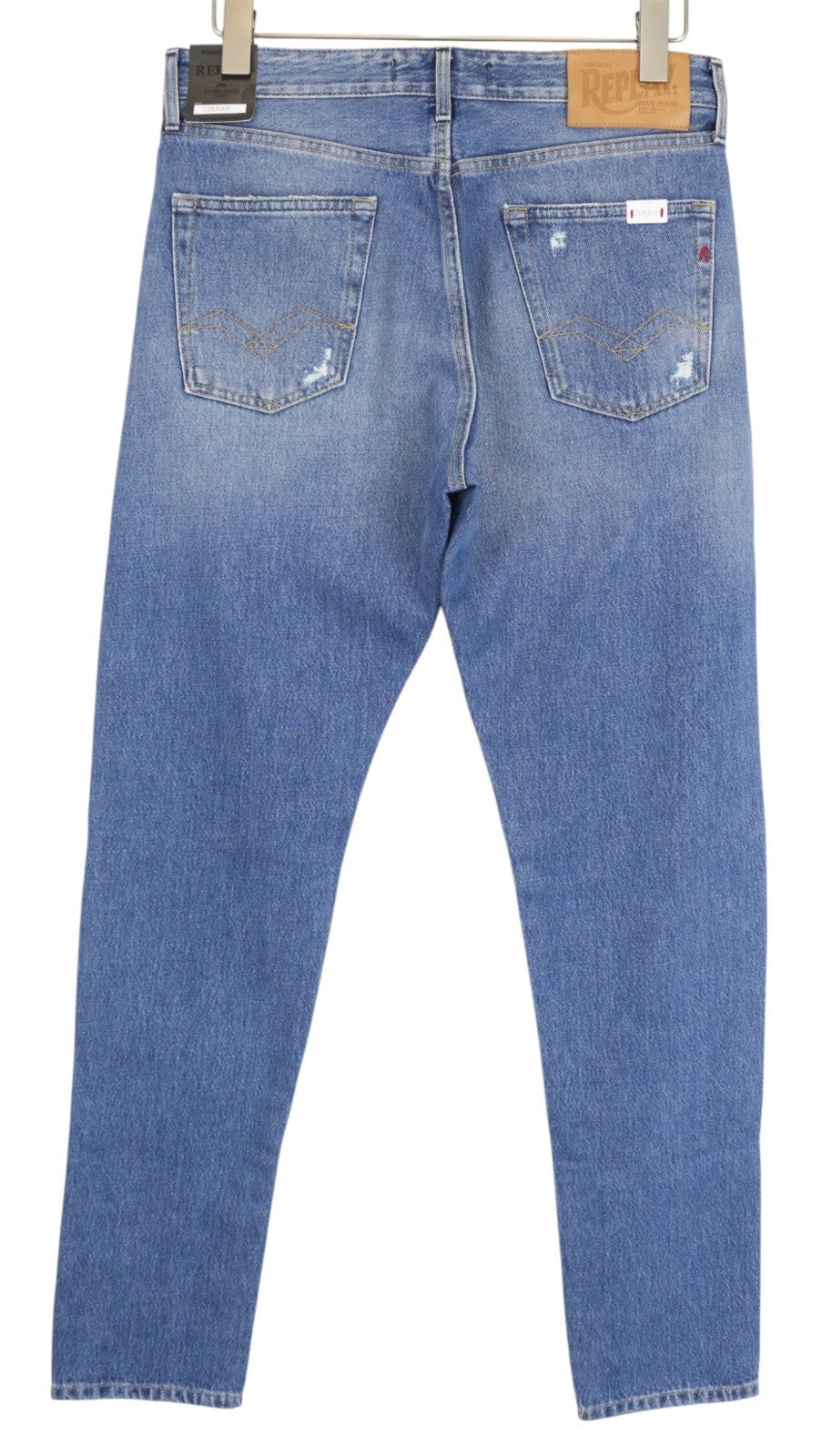 REPLAY Tinmar vyriški džinsai W30/L32 mėlyni, netempiami, susidėvėję, su sagomis siaurėjančiais dydžiais 