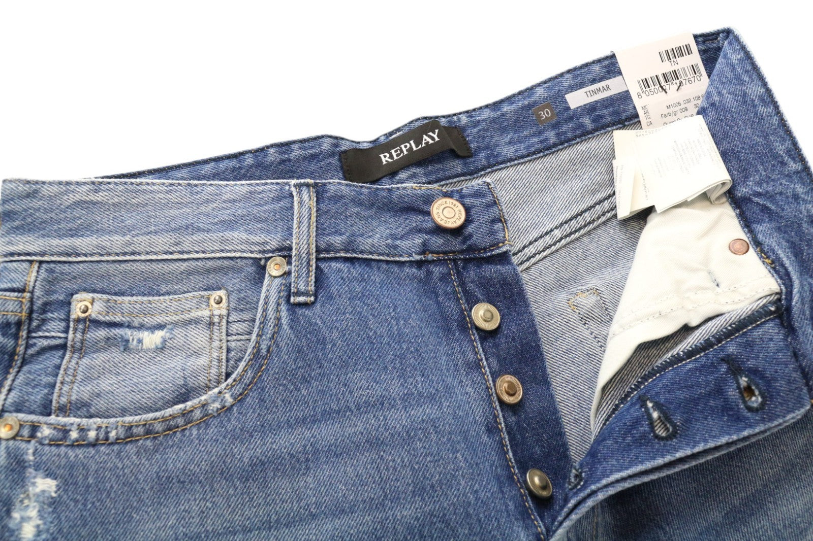 REPLAY Tinmar vyriški džinsai W30/L32 mėlyni, netempiami, susidėvėję, su sagomis siaurėjančiais dydžiais 