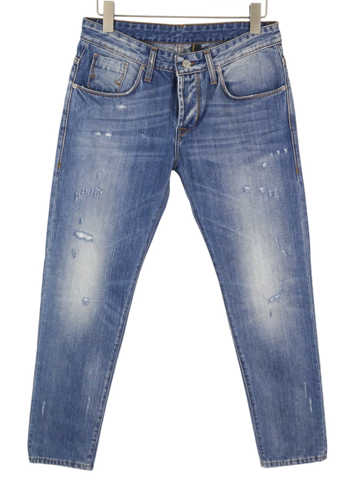 TAKESHY KUROSAWA Men's Jeans W34 Blue Whiskered Distressed Slim Fit