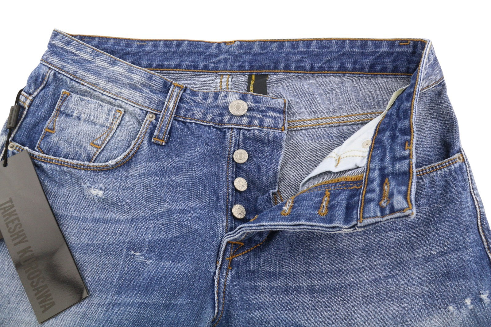 TAKESHY KUROSAWA Men's Jeans W34 Blue Whiskered Distressed Slim Fit