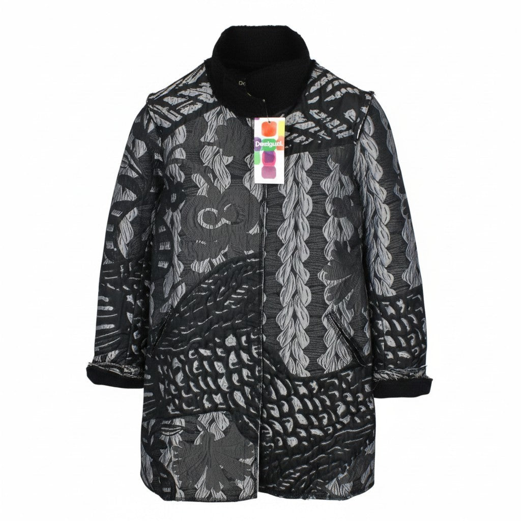 DESIGUAL Black Helium Women Coat 38 Grey Patterned Single-Breasted Long Sleeve