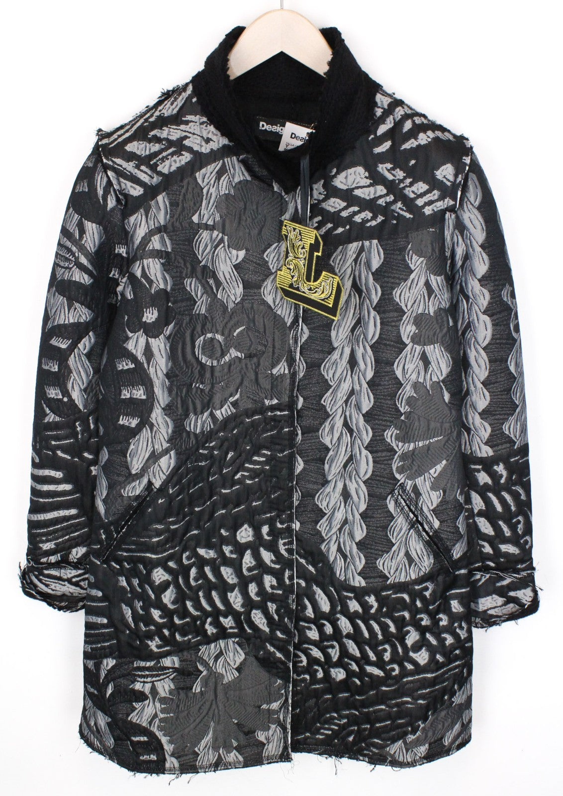 DESIGUAL Black Helium Women Coat 38 Grey Patterned Single-Breasted Long Sleeve