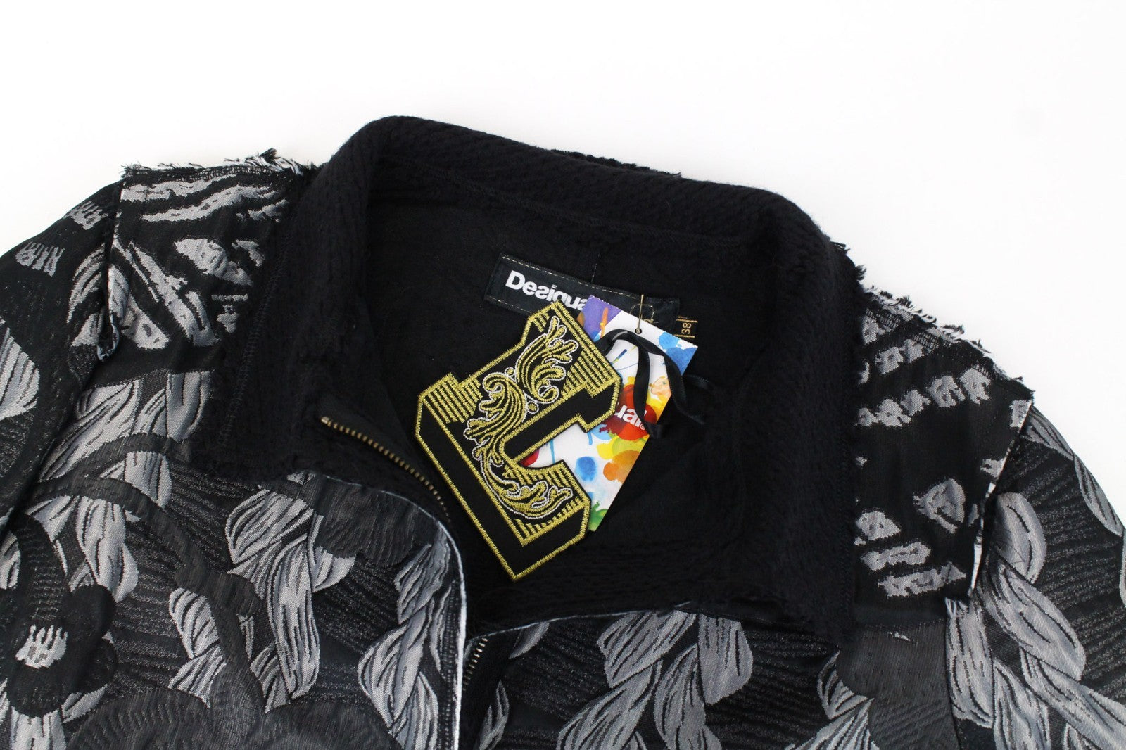 DESIGUAL Black Helium Women Coat 38 Grey Patterned Single-Breasted Long Sleeve