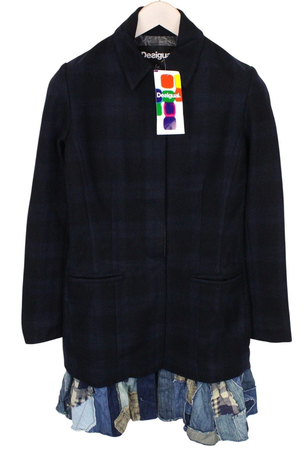 DESIGUAL Snowrobot Women Coat 36 Blue Wool Cotton Blend Checked Collared