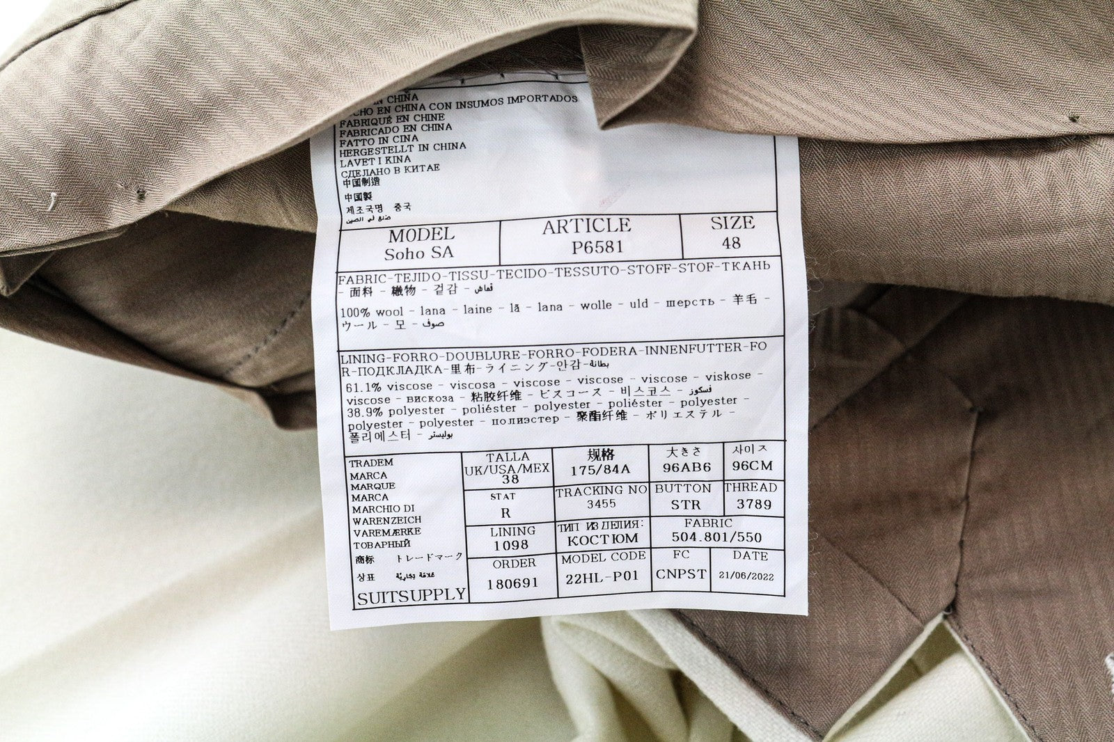 SUITSUPPLY Havana Jetted Men Suit UK38R Woollen Flannel Off-White 2-Piece Slim