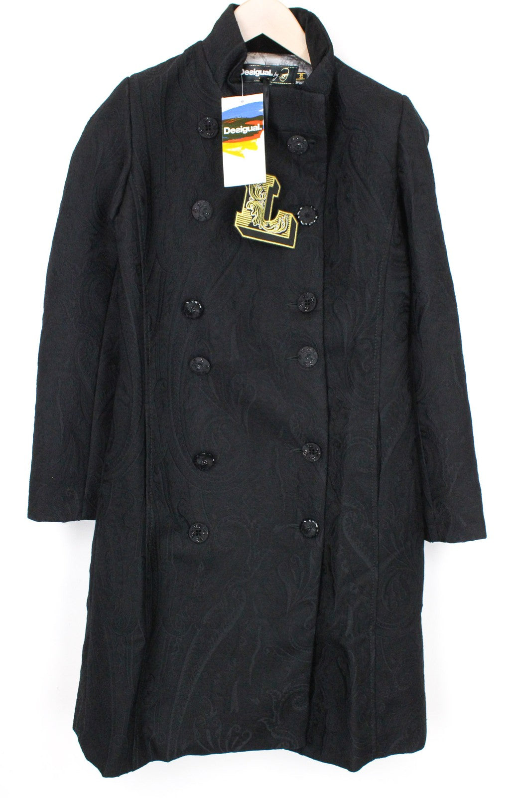 DESIGUAL Innocense Women Coat 28 M Black Two-Row Jacquard Pattern Wool