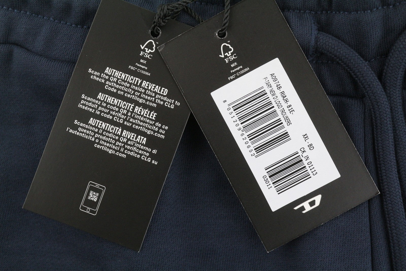 DIESEL P-Tary New D Logo Men Trousers 2XL Dark Blue Drawstring Waist Sweatpants