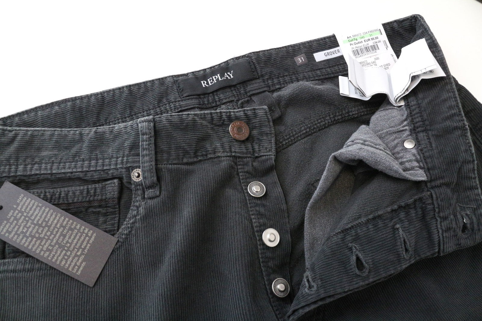 REPLAY Grover Men's Trousers W31/L34 Grey Corduroy Stretch Straight Cotton