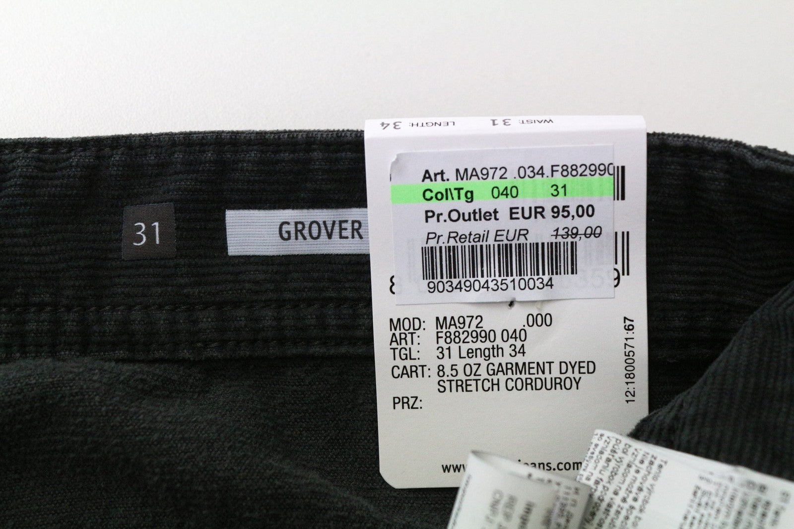 REPLAY Grover Men's Trousers W31/L34 Grey Corduroy Stretch Straight Cotton