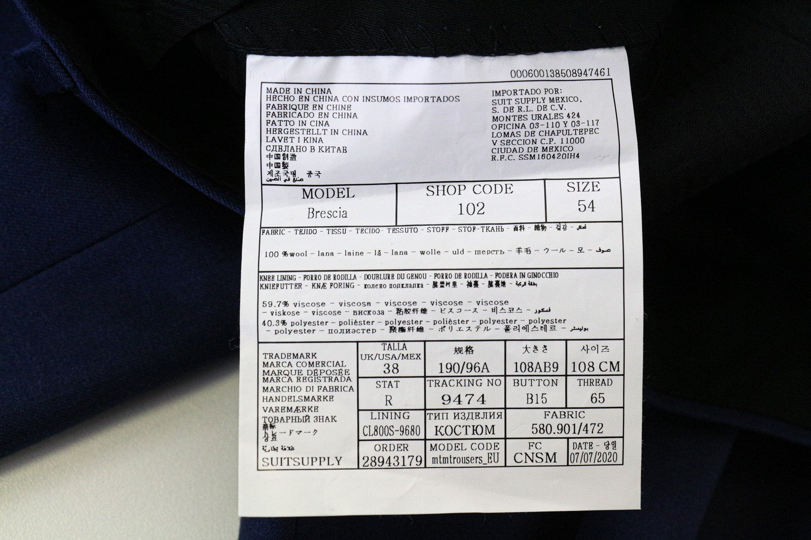 SUITSUPPLY Brescia Men's Trousers UK38R Blue Pure Wool Pleated Slim Cut Pants