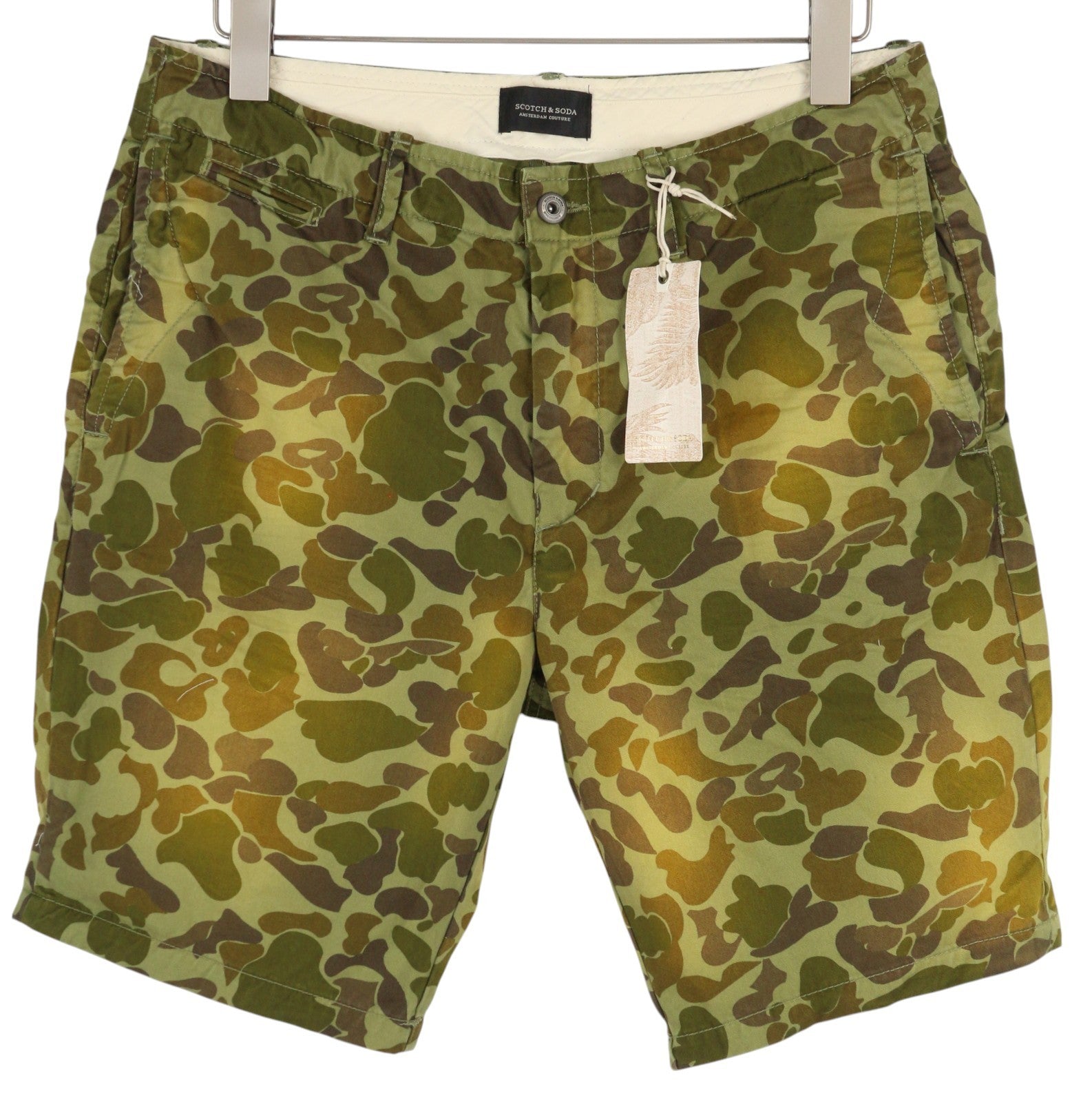 SCOTCH &amp; SODA vyriški šortai W32 Chino, žali, raštuoti, su užtrauktuku ir logotipu, laisvalaikio stiliaus. 