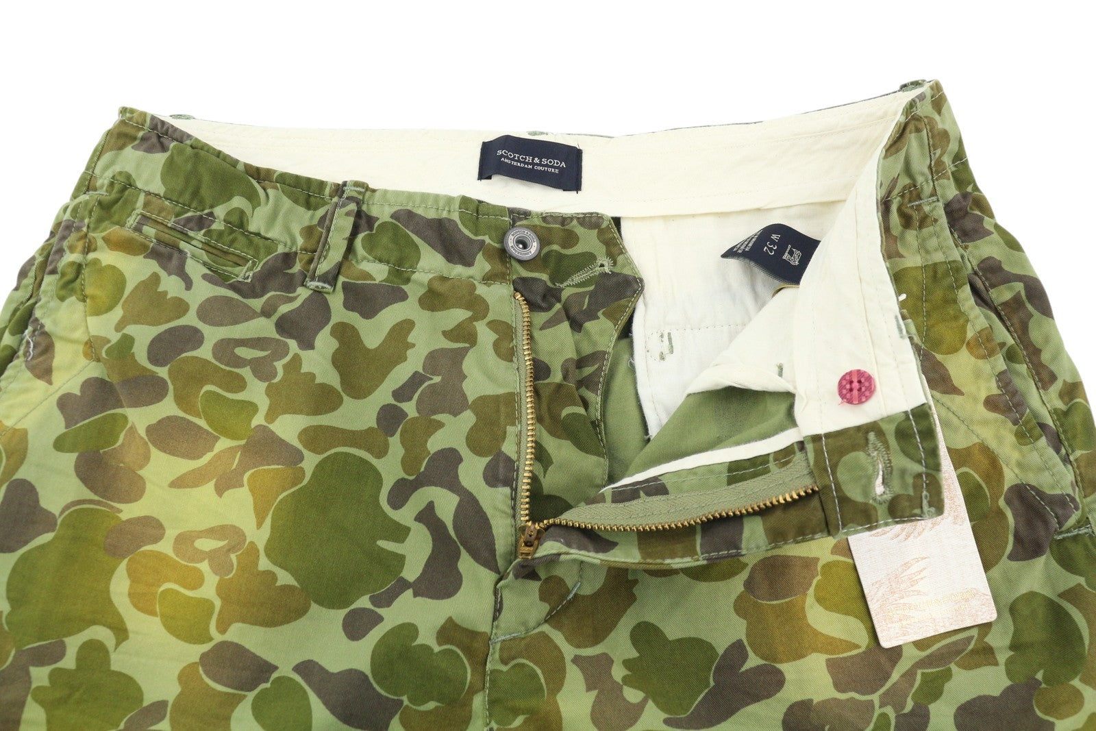 SCOTCH &amp; SODA vyriški šortai W32 Chino, žali, raštuoti, su užtrauktuku ir logotipu, laisvalaikio stiliaus. 