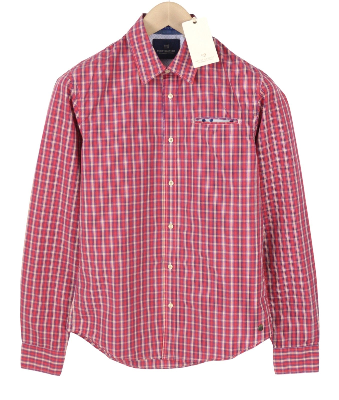 SCOTCH & SODA Men's Shirt S Red Plaid Button-Up Spread Neck Casual