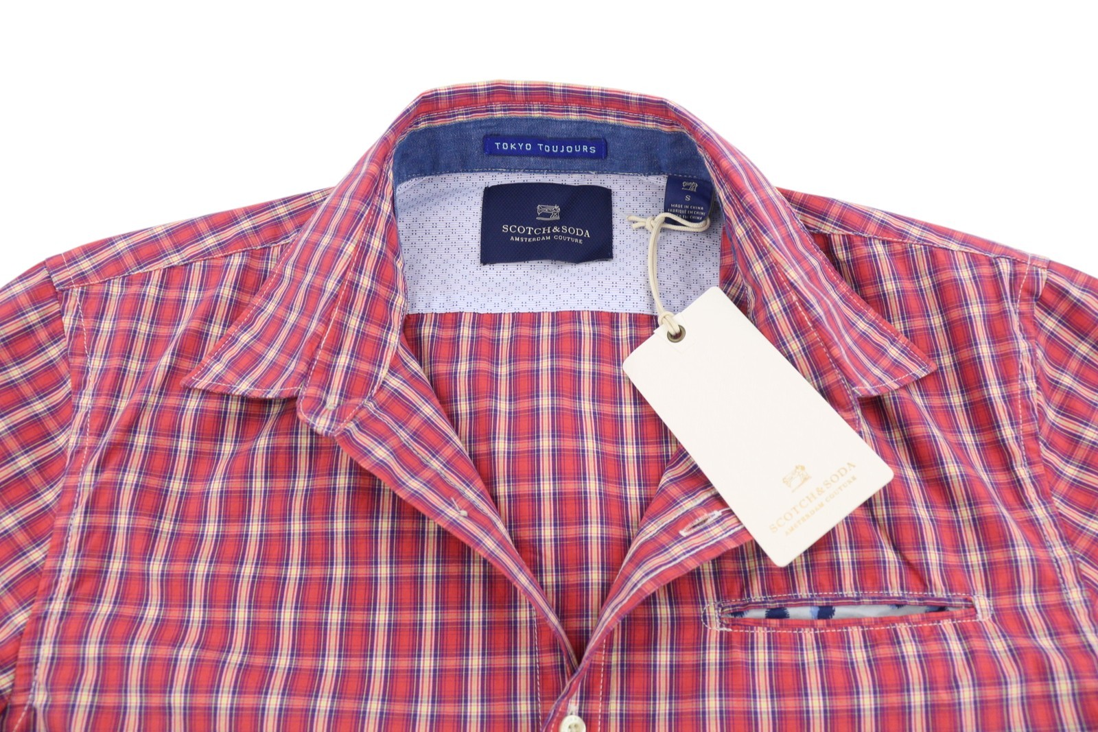 SCOTCH & SODA Men's Shirt S Red Plaid Button-Up Spread Neck Casual