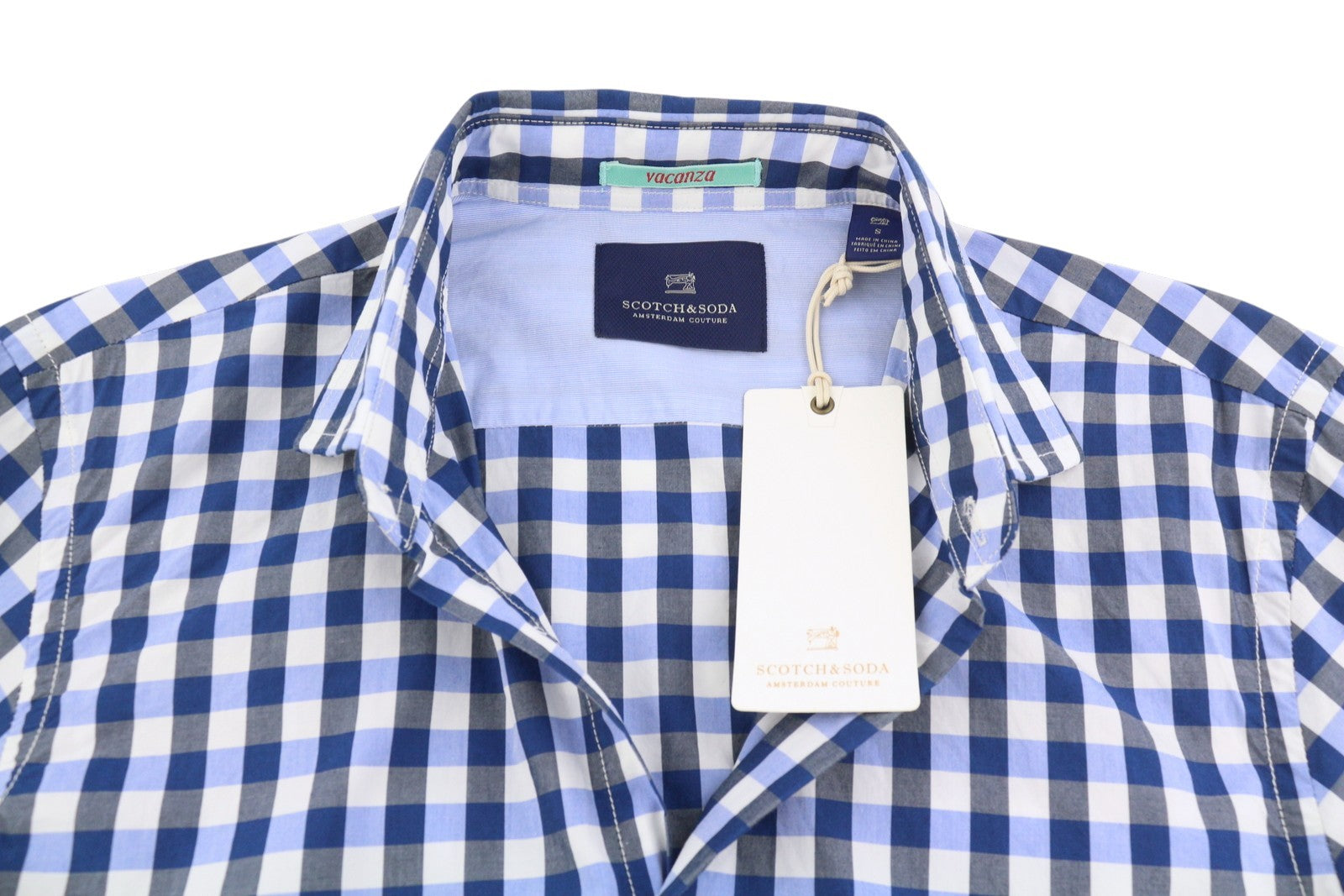 SCOTCH & SODA Men's Shirt S Blue Check Cutaway Neck Long Sleeve Button-Up