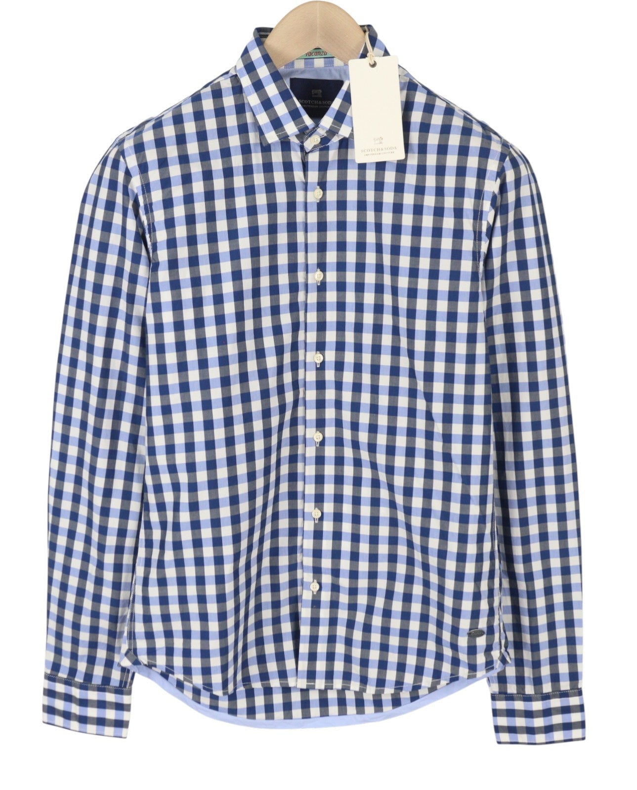 SCOTCH & SODA Men's Shirt M Blue Check Cutaway Neck Long Sleeve Button-Up