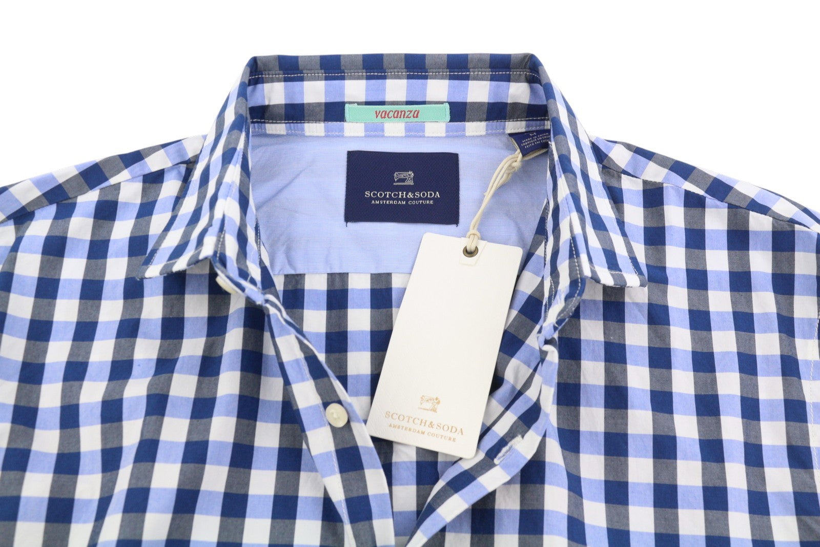 SCOTCH & SODA Men's Shirt M Blue Check Cutaway Neck Long Sleeve Button-Up