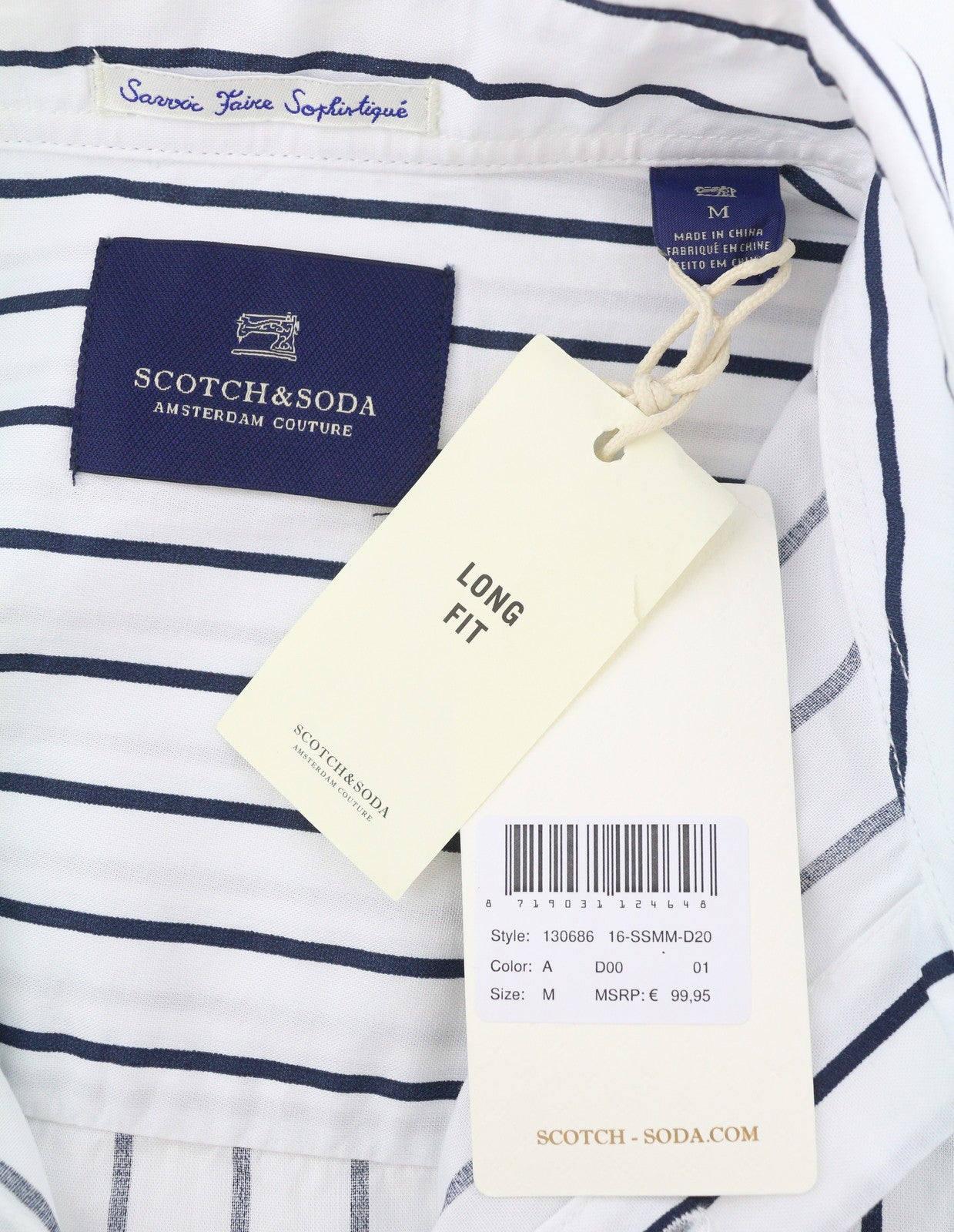 SCOTCH & SODA Men's Shirt M White Long Fit Oversized Stripe Cotton Button-Up